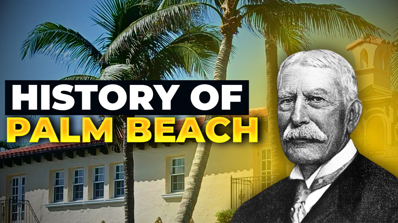 A luxurious Mediterranean-style mansion surrounded by lush palm trees on Palm Beach Island, Florida, showcasing the opulence and elegance of the area.