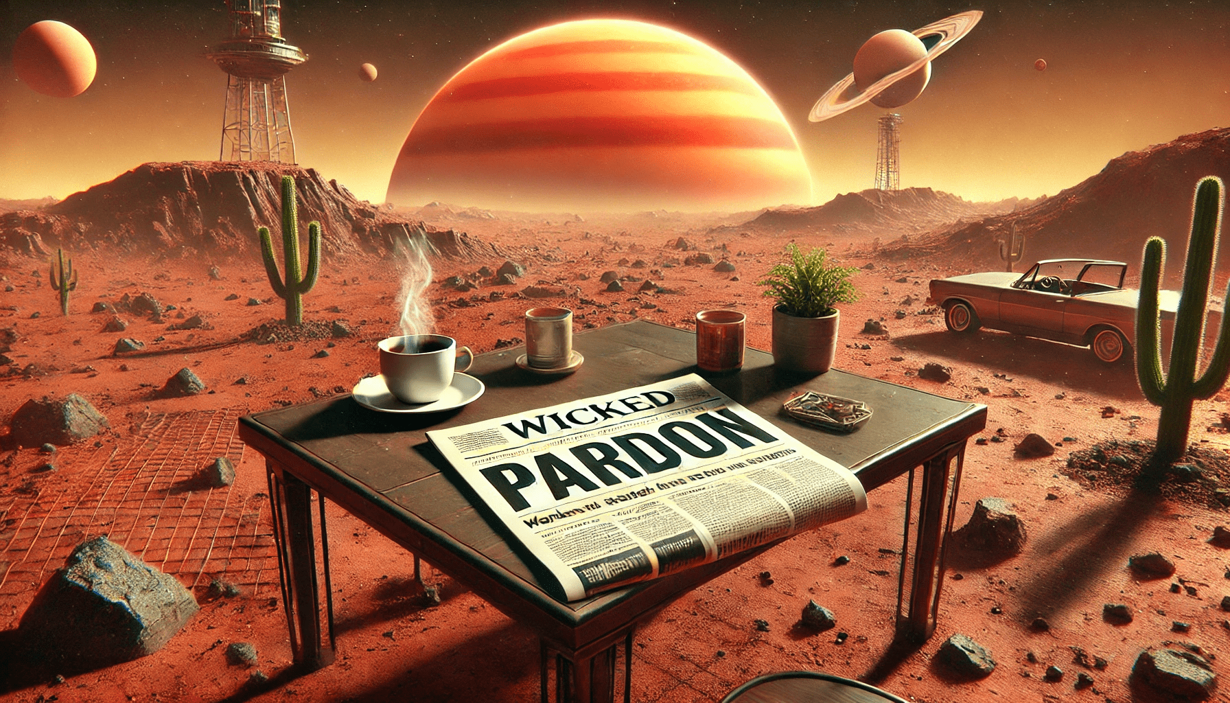 A hand-drawn illustration of a vintage newspaper with the bold handwritten headline "Pardon." The design features rough-edged lines and a classic monochrome aesthetic, evoking a retro journalistic style.