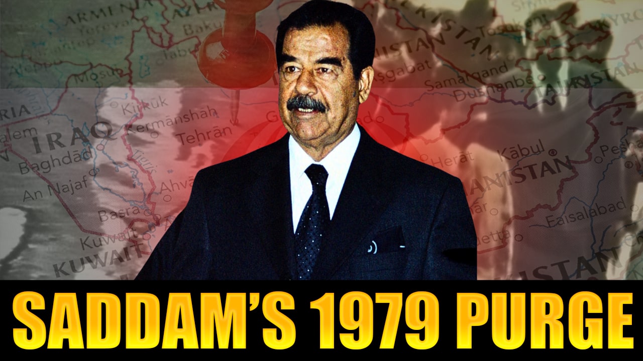 Saddam Hussein delivering a speech at the podium, addressing members of the Ba'ath Party during the infamous public purge of July 1979 in Baghdad. The scene captures his imposing presence and the tension in the room as he consolidates power through fear and control.